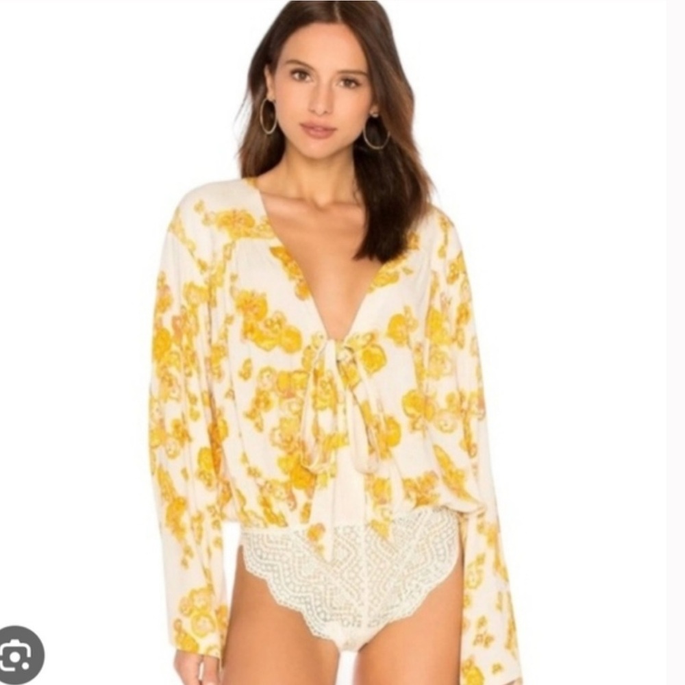Free People Intimately Free Forties Feel Yellow Florals Bodysuit